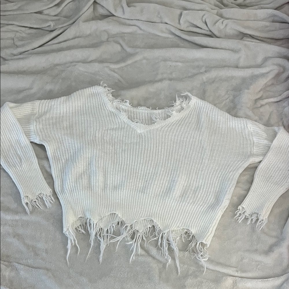 SHEIN White Distressed V-Neck Sweater